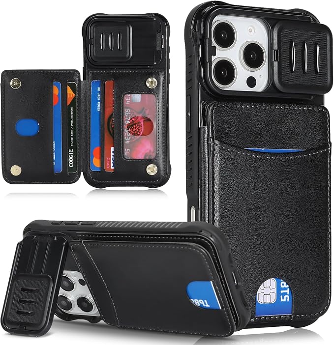 Cavor for iPhone 16 Pro Max Wallet Case with Card Holder, Black | Slide Camera Control Cover, PU Leather Kickstand Stand Protective Phone Case for Women Men by Cavor