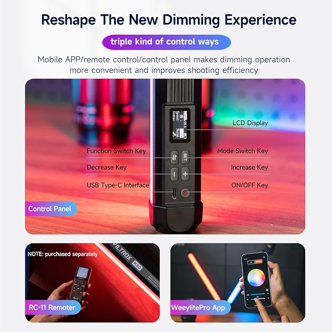 VILTROX K60 2 Pack Large Handheld Stick Light, 32Wh Rechargeable Battery 20W 1950lm RGB LED Video Light w PD Fast Charging CRI 97+ 2500K-8500K LCD Display, 22.8" Tube Light for Photography Light Wand - Image 7