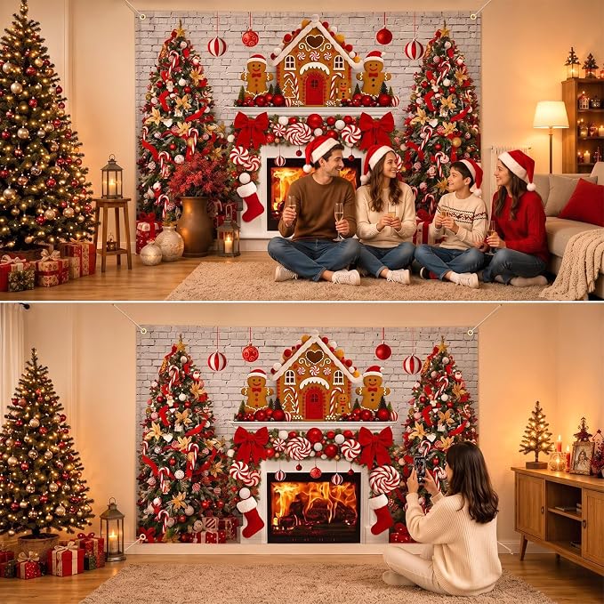 Peryiter Christmas Backdrop for Photography Xmas Tree Stocking Candy Gift Polyester Background Decoration Party Backdrop for Home Decoration Photo Studio Props (7x5 ft,Gingerbread House) - Image 5