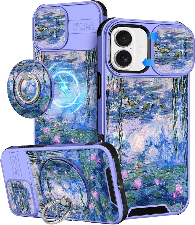Buleens for iPhone 17 Case 6.3 Inch - with Ring Stand & Camera Cover Aesthetic Cute Designed for Women Girls Girly Pretty Kawaii Blue Water Lily Teens Phone Case for iPhone 17 Compatible with Magsafe by Buleens