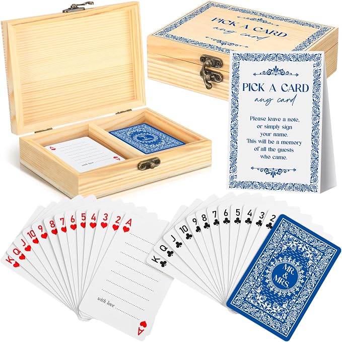 AceOrbit 57 Pack Blue Wedding Guest Book Playing Cards Set with Wooden Box | Navy Blue Wedding Signing Guestbook Alternative Personalized Blank Deck of Cards for Guest Reception Vegas Bridal Shower Game by Unknown