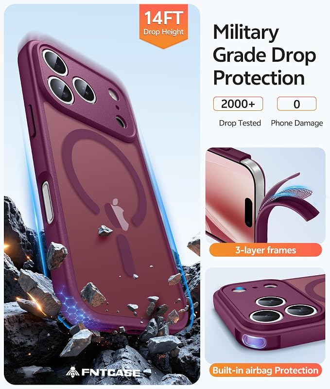 FNTCASE for iPhone 17 Pro Max Case, Fit for Magsafe, Screen Protector | Full Camera Protection, Translucent Matte, 14FT Military Grade Drop Proof, Shockproof Protective Phone Cover, Wine Red - Image 5