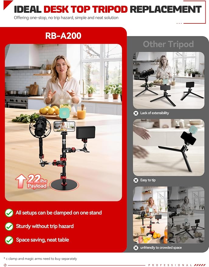 IFOOTAGE A200 Round Base Monopod 22" Desktop Mini Tripod | Aluminum Tabletop Small Tripod Compatible with DSLR Camera Light Webcam for Live Streaming Vlogging, Payload 10KG/22LBS - Image 3