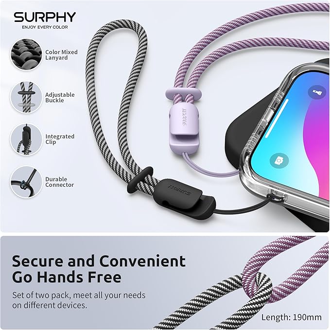 SURPHY 2 Pack Phone Lanyard, Phone Wrist Strap for Case, Camera Wrist Strap | Ultra-Light 2-Color Braided Phone Strap, Cellphone Charm Strap, Anti-Lost Wrist Lanyard for Women and Men, Black Lilac - Image 4