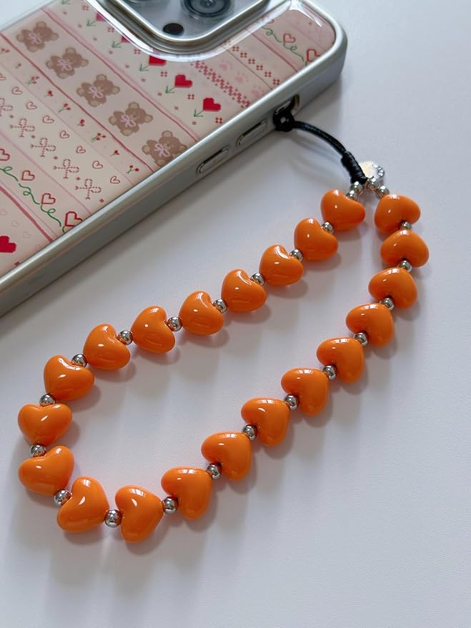 Drawwind Phone Charm Strap Cute Wrist Straps Cell Phone Charm String Y2K Aesthetic Lanyard Wristlet Chain for Case Camera AirPods Bags Keychains (Orange Hearts) - Image 4