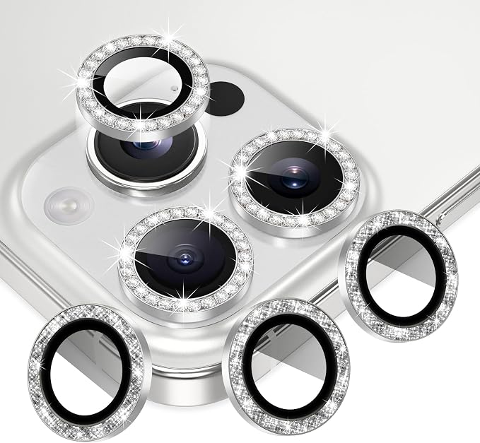AGVEE 3+3 6 Pack for iPhone 16 Pro & Max Camera Lens Protector Cover | Individual Bling Diamond & Bling Glitter Sparkle Cute Gem Metal Ring, 9H Tempered HD Glass by AGVEE