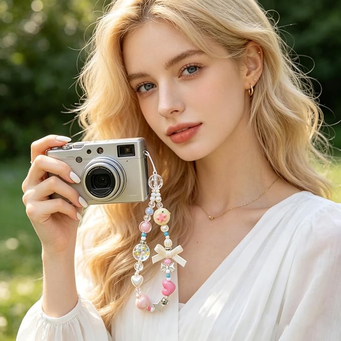 2 Pcs Phone Charm Strap Hand Wrist Strap Camera Lanyard Pearl Beaded Cute Chain String Accessories Universal for iPhone 17 Pro Max 16 15 for Samsung Women Girls Keychain Bag Pink Flower and Bows Heart - Image 3