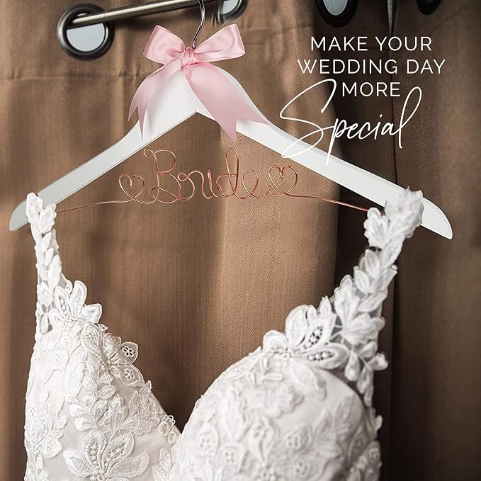 Bride Hanger for Wedding Dress, Wooden Gown Display with White Finish, Elegant Keepsake for Ceremony Photos, Bridal Shower Gift, Getting Ready Accessory for Special Day (White Wood Rose Gold Wire) - Image 5