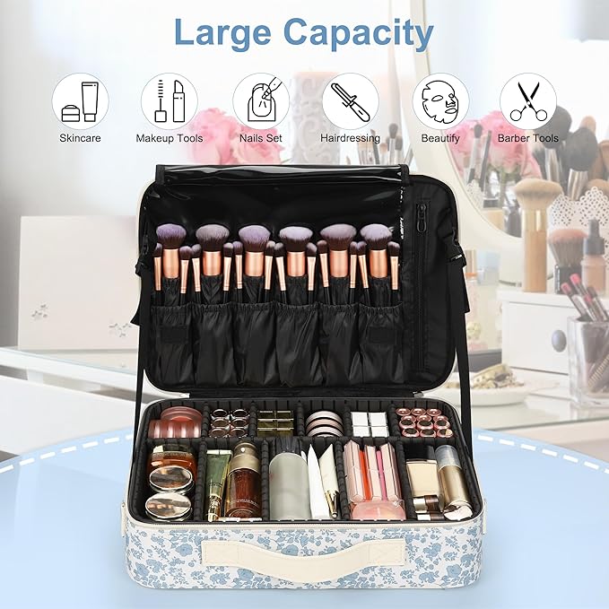 Relavel Large Makeup Bag, Floral Cosmetic Bag for Women, Professional Travel Train Case Portable Makeup Artist Bag Make Up Storage Organizer Box with Adjustable Dividers and Makeup Brush Compartment - Image 2
