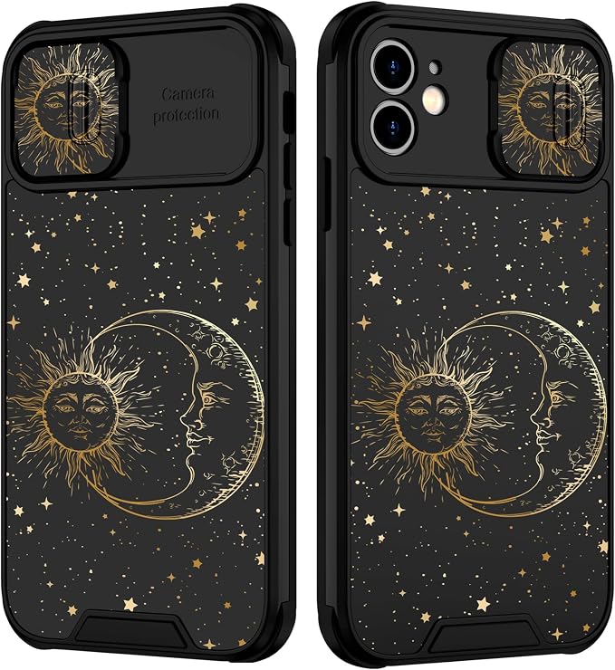 (2in1 for iPhone 11 Case Sun Moon Stars for Women Cute Space Phone Cover Fashion Golden Star Print Design with Slide Camera Cover Protective Case for iPhone 11 6.1'' by Goocrux