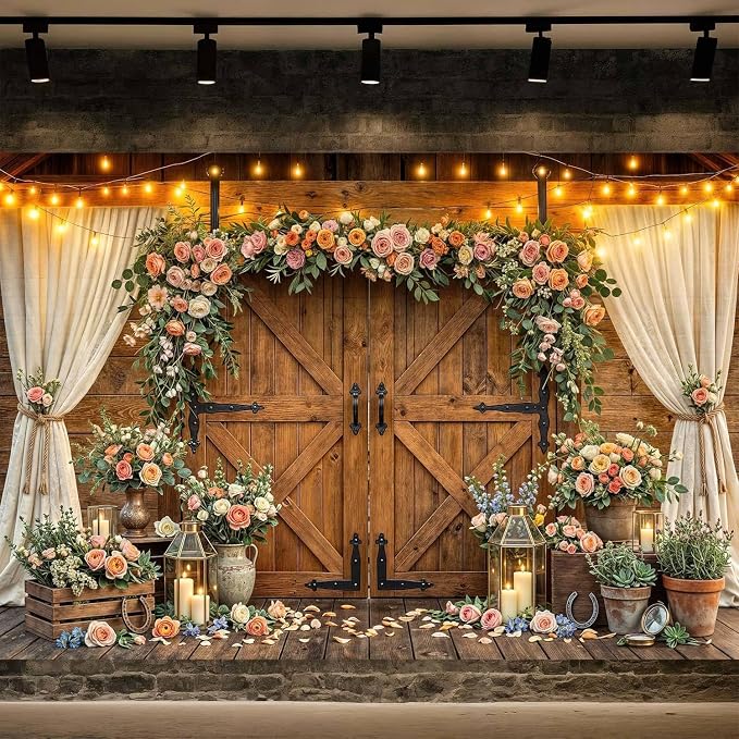 12x10ft Western Wedding Backdrop Rustic Barn Door Photography Backdrop Farmhouse Pink Flower Cabin Wooden Birthday Baby Shower Country Anniversary Bridal Party Banner Photo Booth Props Background - Image 2