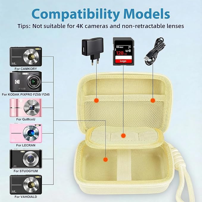 Digital Camera Case for CAMKORY/KODAK PIXPRO FZ45/FZ55/Canon IXUS 285 HS/AbergBest/Sony DSCW800/DSCW830 - Small Travel Compact Camera Holder with Mesh Pocket for SD Card & Accessories (Pale Yellow) - Image 3