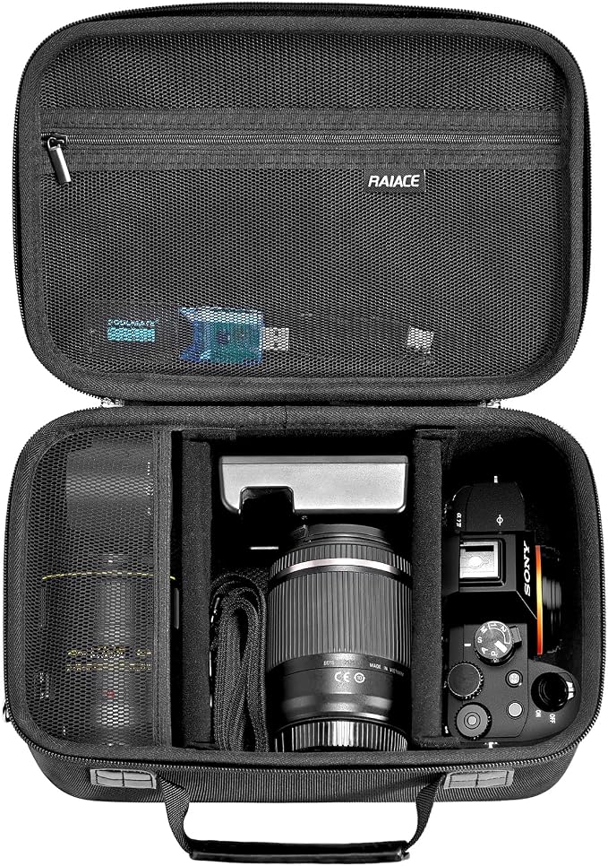 RAIACE Hard Case Compatible with Sony Alpha 7 II III IV/7R V Camera, for Nikon, for Canon, for Pentax and More.Large Capacity With Mesh Pocket for Lens, Charger, Cables, Cards and Accessories.-Black by RAIACE
