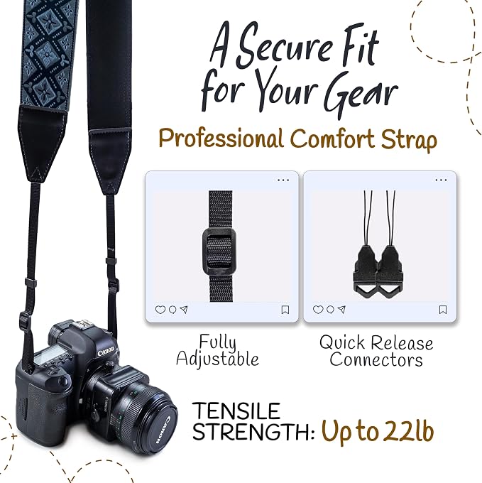Art Tribute Camera Strap - Shoulder, Crossbody & Neck Camera Strap for Photographers, Fits All Cameras, Canon Nikon Sony Fujifilm, Padded Strap W/Quick Release, Embroidered Cotton & Leather Ends - Image 4