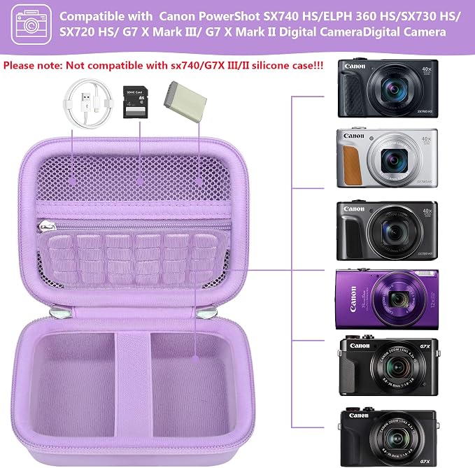 Carrying Case for Canon PowerShot SX740 HS, SX730 HS Camera, Purple | SX720 HS, SX620 HS, G7 X Mark III, G7 X Mark II Digital Camera, Storage Holder Travel Bag with Mesh Pocket for Battery Pack - Image 2