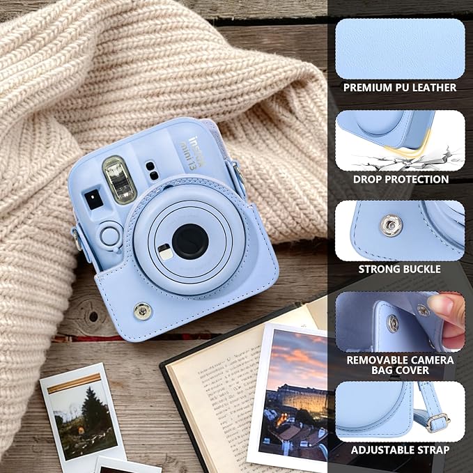 CAIYOULE Camera Case for Fujifilm Instax Mini 13 Instant Film Camera, Blue | Mini 13 Protective Camera Case, PU Leather Camera Crossbody Bag for Instax Mini 13, with Photo Album, Adjustable Strap - Image 2