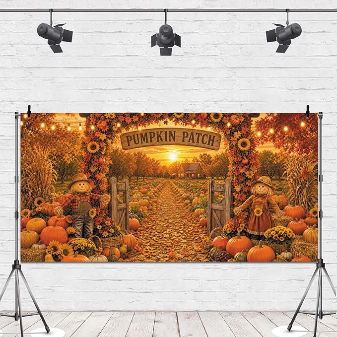 Fall Pumpkin Patch Backdrop 20x10ft Thanksgiving Autumn Harvest Scarecrow Sunflower Photography Background Fall Pumpkin Leaves Theme Baby Shower Party Decorations Photo Booth Props Vinyl by Leowefowa