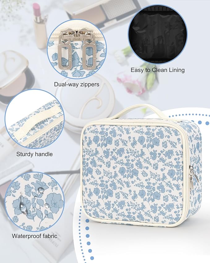 Relavel Travel Makeup Case, Professional Makeup Artist Makeup Bag, Portable Makeup Train Case Organizer with Adjustable Dividers, Cute Cosmetic Bags Birthday Gifts for Girls and Women, Floral Print - Image 4