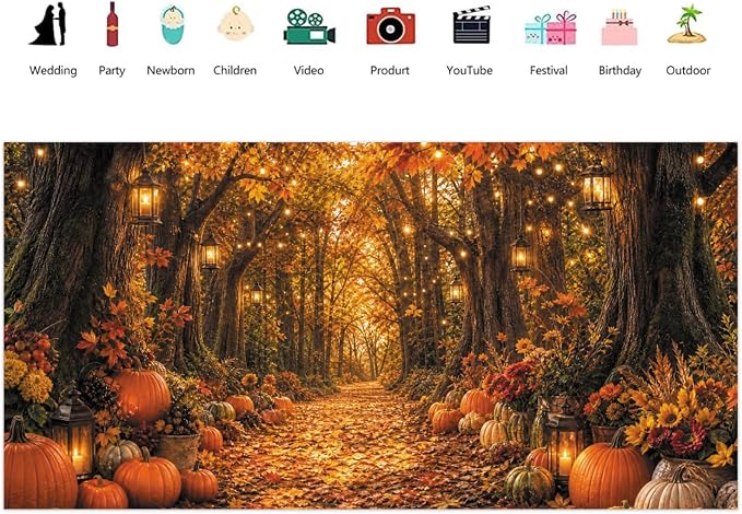 Fall Autumn Forest Photography Backdrop 20x10ft Autumn Woodland Pumpkin Maple Leaves Background Fall Thanksgiving Orange Flowers Seasonal Party Decorations Banner Vinyl - Image 2