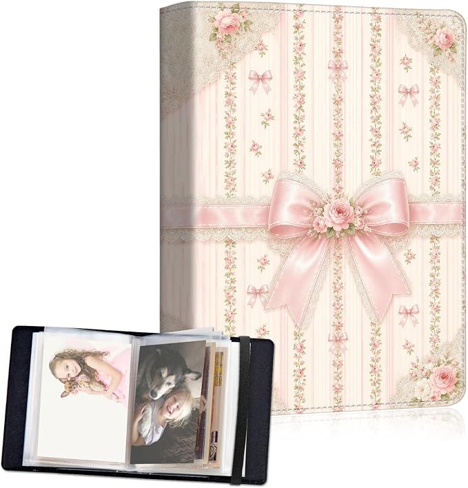 Small Photo Album 4x6, 60 Pockets Holds 120 Photos, Slip-in Pocket Photo Storage Book with Black Elastic Band for Family Wedding Baby Travel Pictures, Pink Lace Bow Rose by Unknown