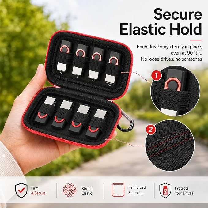ALKOO Flash Drive Case USB Storage Case, Thumb Drive Holder, Holds 8, Black | Hard Shell, 8 Elastic Slots for USB Drives and SD/Memory Cards, Portable Travel and Office Organizer, Case Only, Black - Image 2