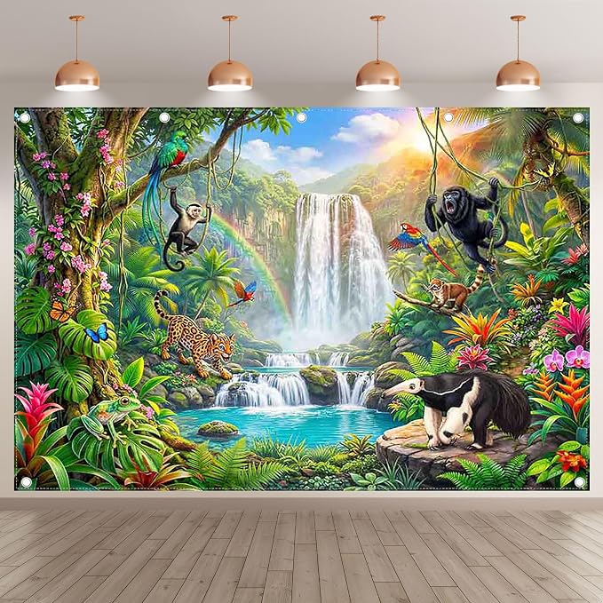 Fabric 12x8ft Rainforest Wild Animals Backdrop Jungle Safari Banner | Summer Tropical Scenery Waterfall Photography Background, School Event Party Decorations, Classroom Photo Props, Polyester - Image 2