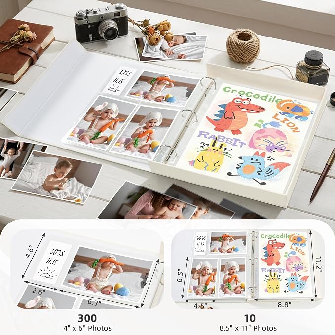 4x6 Photo Storage Box with 3-Ring Slip-In Album, Linen Binder Organizer with Gold Foil Cover, Holds 310 Photos with Blank Memo Cards for Memories & Keepsakes, Beige - Image 2