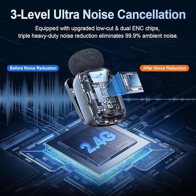 Wireless Lavalier Microphone 3-Level Noise Cancellation for iPhone | Ultralight(5g), Clear Voice, 50M Range, Plug-Play Mini Lav Mic for Android PC, TikTok, YouTube, Video Recording, Black - Image 2