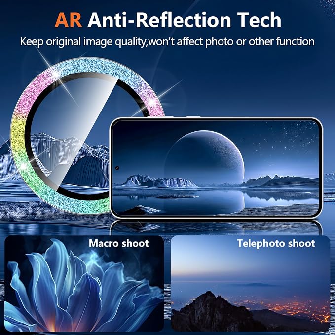 for Samsung Galaxy S25 FE Camera Lens Protector, Individual Metal Ring Tempered Glass Lens Cover, [Strong Adsorption] Scratch Resistant Ultra-Thin HD Clear Lens Cover, 1 Set-Colorful Sparkly - Image 3