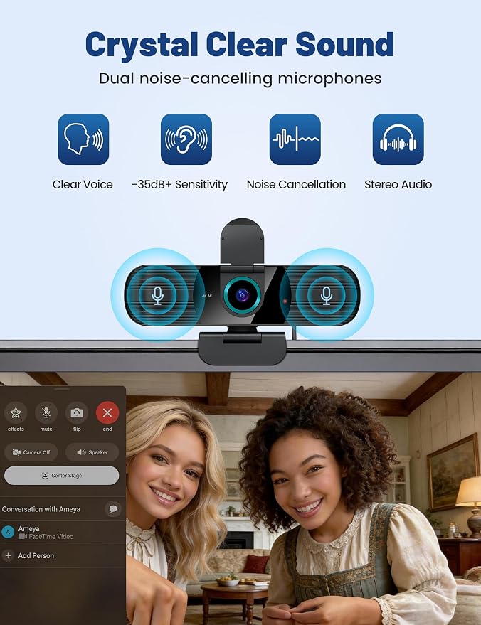 Pro UHD 4K/30fps Webcam with Tripod, External USB-C Camera for PC/Laptop | Dual noise-cancelling mics | Auto-focus | Wide-angle | Low-light correction | 360° rotation | CMOS sensor | Plug and Play - Image 5
