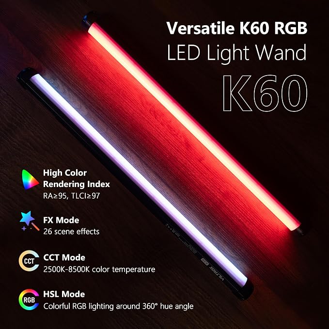 VILTROX K60 2 Pack RGB LED Video Light Stick with APP Control, Handheld 360° RGB Tube Light Wand for Photography, 2500K-8500K Dimmable, CRI97+,26 Light Scenes, LCD Display, 2200mAh Battery - Image 2