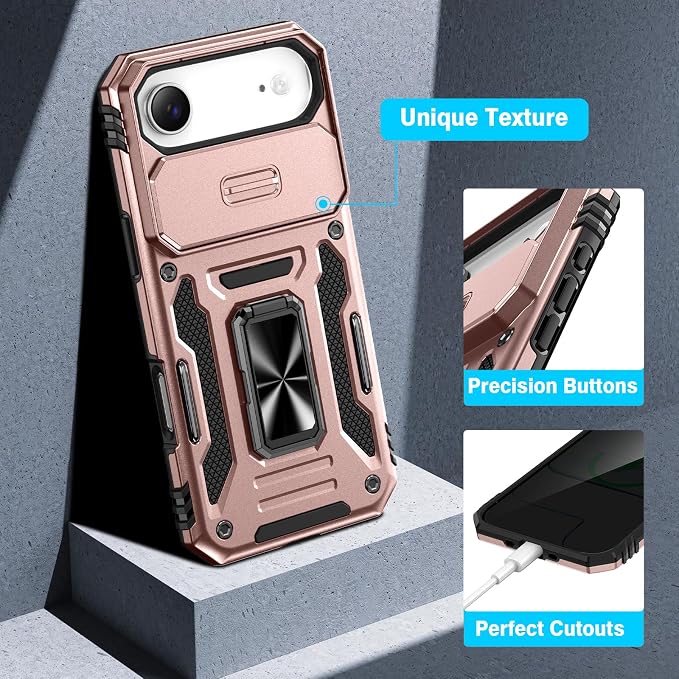 VEGO for iPhone Air Case with Privacy Screen Protector and Kickstand | Slide Camera Cover and Ring Kickstand Military Grade Heavy Duty Protection Cover for iPhone 17 Air 6.5 Inch - Rose Gold - Image 7