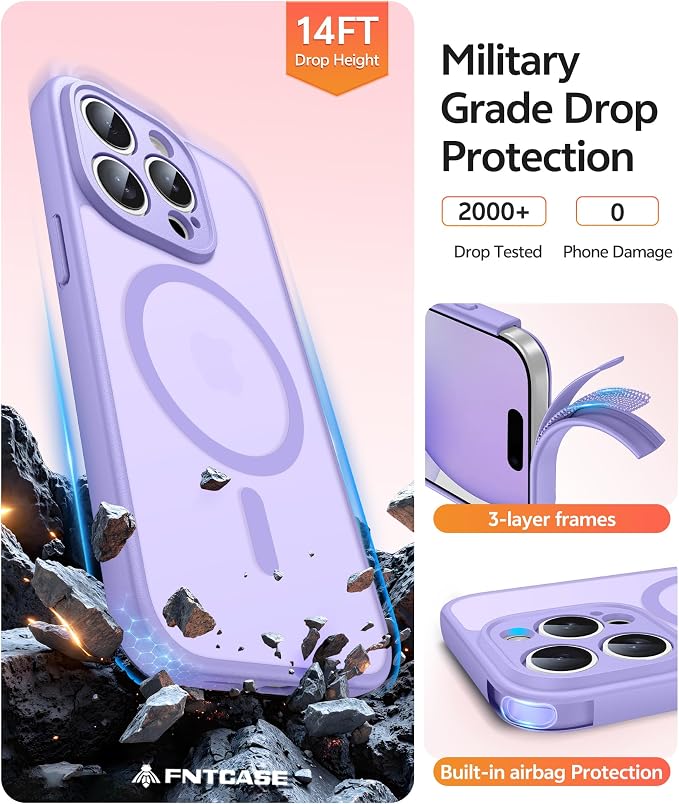 FNTCASE for iPhone 15 Pro Case, Fit for Magsafe, Screen Protector | Full Camera Protection, Translucent Matte, 14FT Military Grade Drop Proof, Shockproof Protective Phone Cover,Light Purple - Image 6