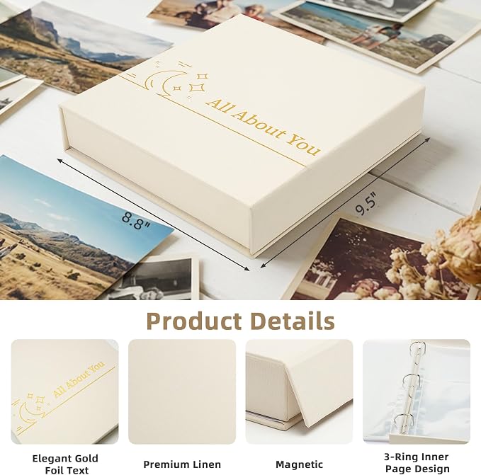 4x6 Photo Storage Box with 3-Ring Slip-In Binder Album, Linen Organizer with Gold Foil Cover, Holds 210 Photos for Travel, Wedding & Memory Keeping, Beige - Image 3