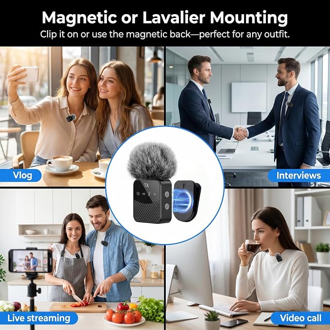 Wireless Lavalier Microphone, Mini Compact Lapel Mic with Magnetic Clip & Charging Case, 25H Long Battery Life, Noise Reduction, Dual Interface for iPhone Android Video Recording Vlogging Podcast - Image 6