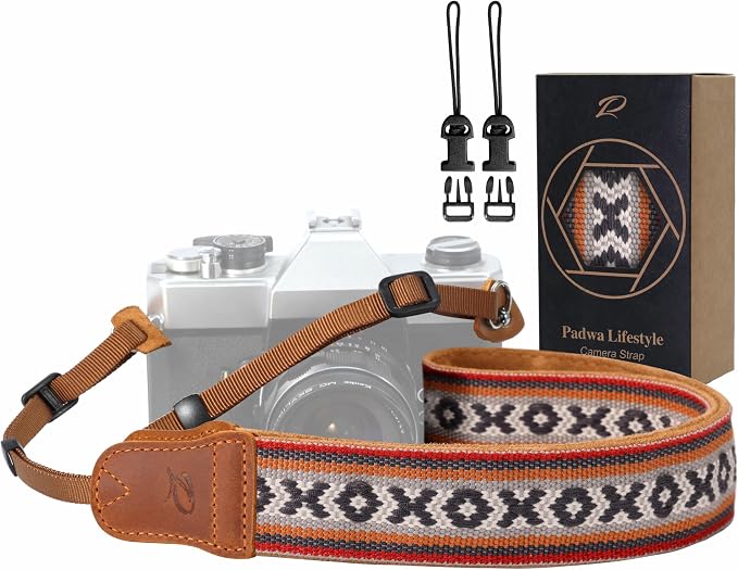 Padwa Lifestyle Camera Strap - 1.5" Crazy Horse Cowhide Ends Embroidered Camera Straps for Photographers, Cute Cotton Weave Soft Suede Fabric Padded Strap fits All Cameras for Adults & Kids by PadwaLifestyleCameraStrap