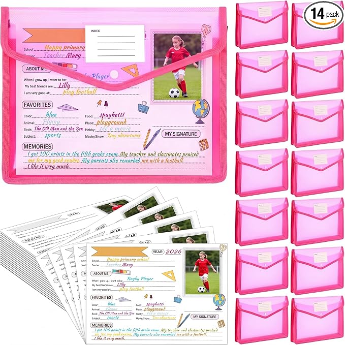 Motipuns 14 Pack K-12 School Memory Box Back to School, Pink | Large Capacity Organizer, 16 Questionnaire Cards, Photo Album Keepsake Scrapbook, from Pre to 12th Grade File Picture Folder by Motipuns
