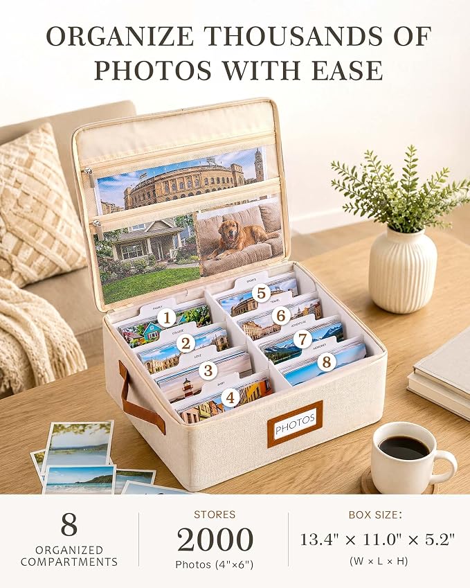 FANGSUN Photo Storage Box, Photo Organizer for 2000 4x6 Pictures, Memory | Linen Fabric, 8 Inner Cases, 23 Labels & 30 Divider Cards, Foldable & Lightweight, with Handle, Wedding & Family Keepsake Box - Image 2