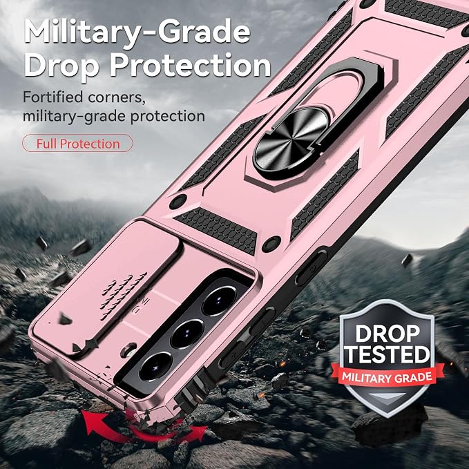HNHYGETE for Galaxy S21 Case with Screen Protector: [Military Grade 20ft. Drop Tested] Ring Shockproof Protective Phone Case for - Samsung Galaxy S21 (Rose Gold) - Image 3