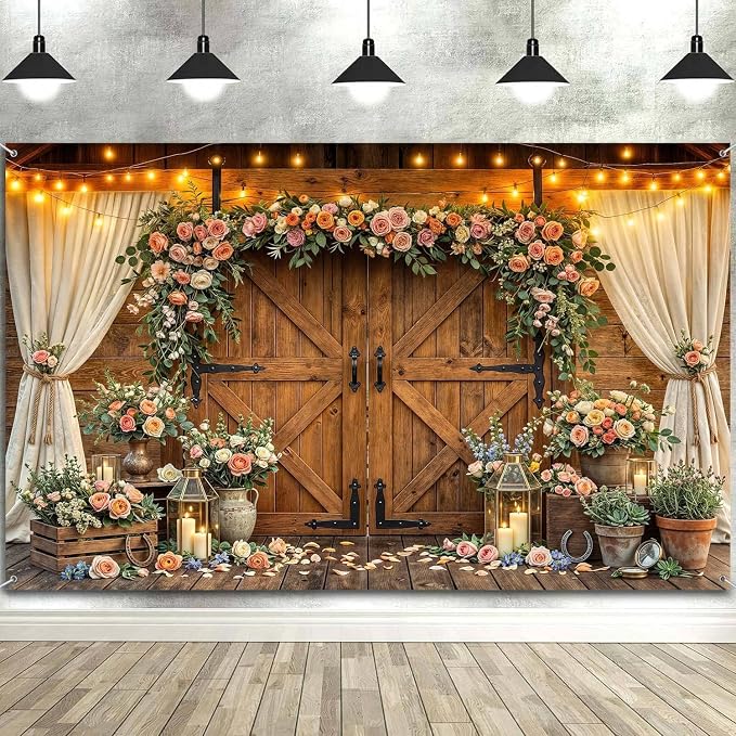 12x10ft Western Wedding Backdrop Rustic Barn Door Photography Backdrop Farmhouse Pink Flower Cabin Wooden Birthday Baby Shower Country Anniversary Bridal Party Banner Photo Booth Props Background - Image 6