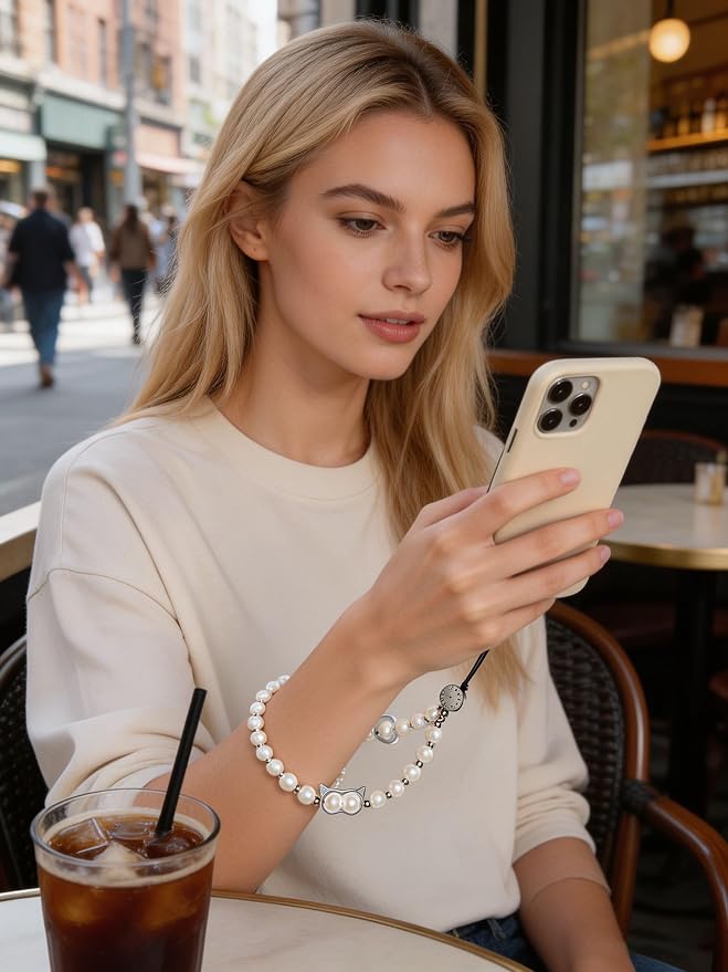 Phone Charm Beaded Strap Cute Cell Phone Wrist Straps String Accessories Hand Aesthetic Lanyard Wristlet Chain for iPhone 17 Pro Camera Case AirPods Bags Keychains Women Girls Classic Pearl - Image 8