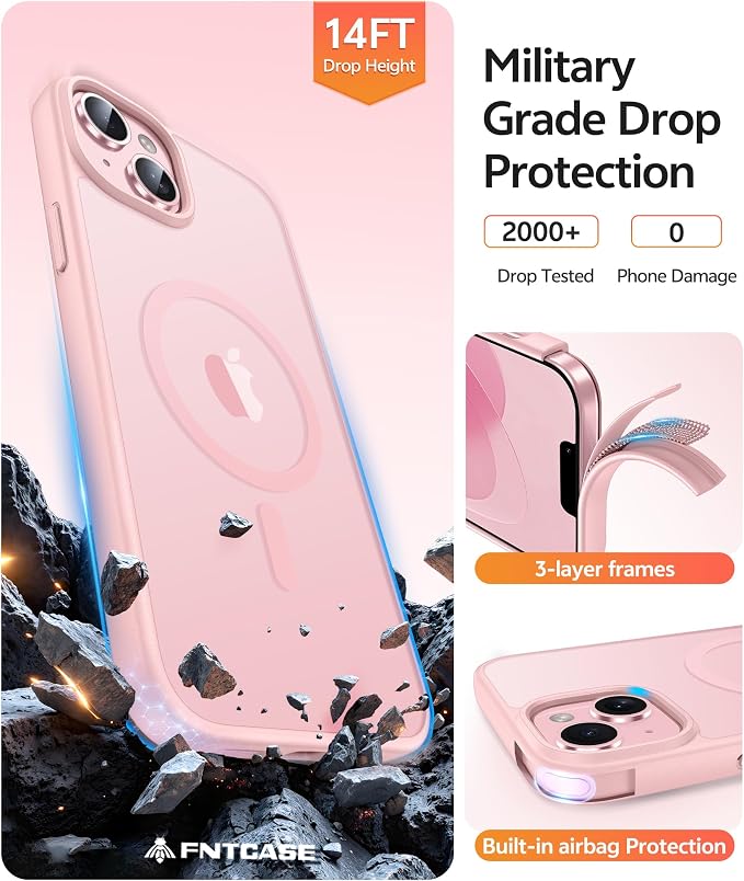FNTCASE for iPhone 15/14 Plus Case, Fit for Magsafe, Screen Protector | Translucent Matte Magnetic Back, 14FT Military Grade Drop Protection, Shockproof Protective Phone Cover, Light Pink - Image 5