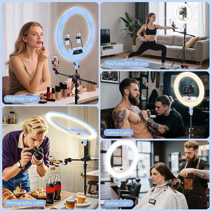 MACTREM Large 22" Ring Light with Stand for iPad Makeup, 75" Tripod, Blue | 50W CRI90+ LED, 2700K-6500K, Phone Tablet Holder, Dual USB, Stable 75" Tripod, for Tattoo Barber Streaming - Image 3