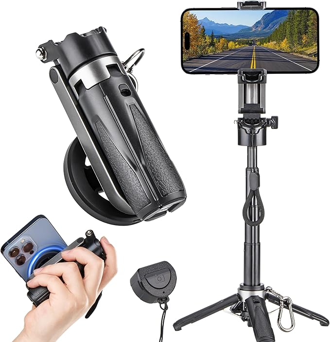 MQOUNY for Magsafe Tripod Stand for iPhone,Portable Pocket Size Selfie Stick with Rechargeable Remote and Metal Ring,Extendable Detachable Cell Phone Tripod Compatible with iPhone/Android by MQOUNY