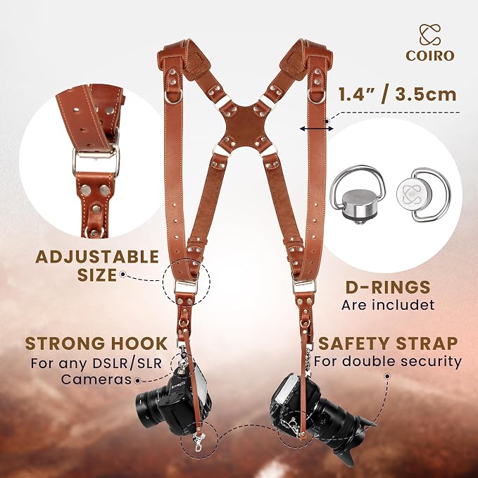 Dual Camera Harness Leather Camera Strap DSLR/SLR, All-Day Comfort - Image 2