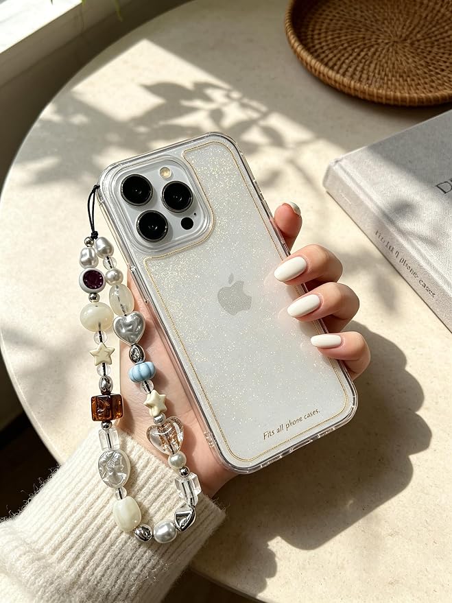 2 Pcs Phone Charm Strap Hand Wrist Strap Camera Lanyard Pearl Beaded Cute Chain String Accessories Universal for iPhone 17 Pro Max 16 15 for Samsung Women Girls Keychain Bags Red Apple and Beach Beads - Image 7