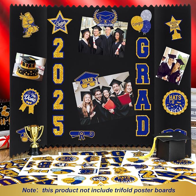 Glenmal Blue Gold 14 Sheets Graduation Photo Display Board Sticker Class of 2026 Picture Display Stickers Accessories for 2026 Grad Party College Board Photo Frame Decor (12x10inch,8.3x8.3inch) - Image 4