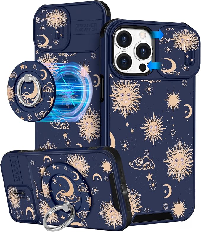 Buleens for iPhone 14 Pro Max Case 6.7 Inch - with Ring Stand & Camera Cover Aesthetic Cute Designed Women Girls Girly Kawaii Sun Moon Star Phone Case for iPhone 14 Pro Max Compatible with Magsafe by Buleens