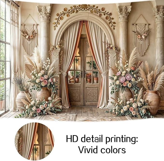12X10ft Boho Floral Wedding Backdrop Retro Elegant Flowers Wall Photography Background Beige Vintage Wedding Bridal Shower Mother's Day Event Party Home Art Decor Portrait Photoshoot Props - Image 5