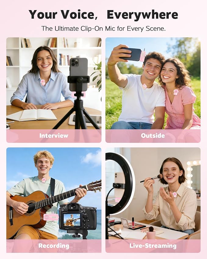 Wireless Lavalier Microphone for iPhone, Android, Cameras 4 Packs | Mini Microphone with Noise Reduction, 40H Battery Life, 4 Mic for Video Recording, Podcasts, Vlog, TikTok and YouTube (Pink) - Image 7